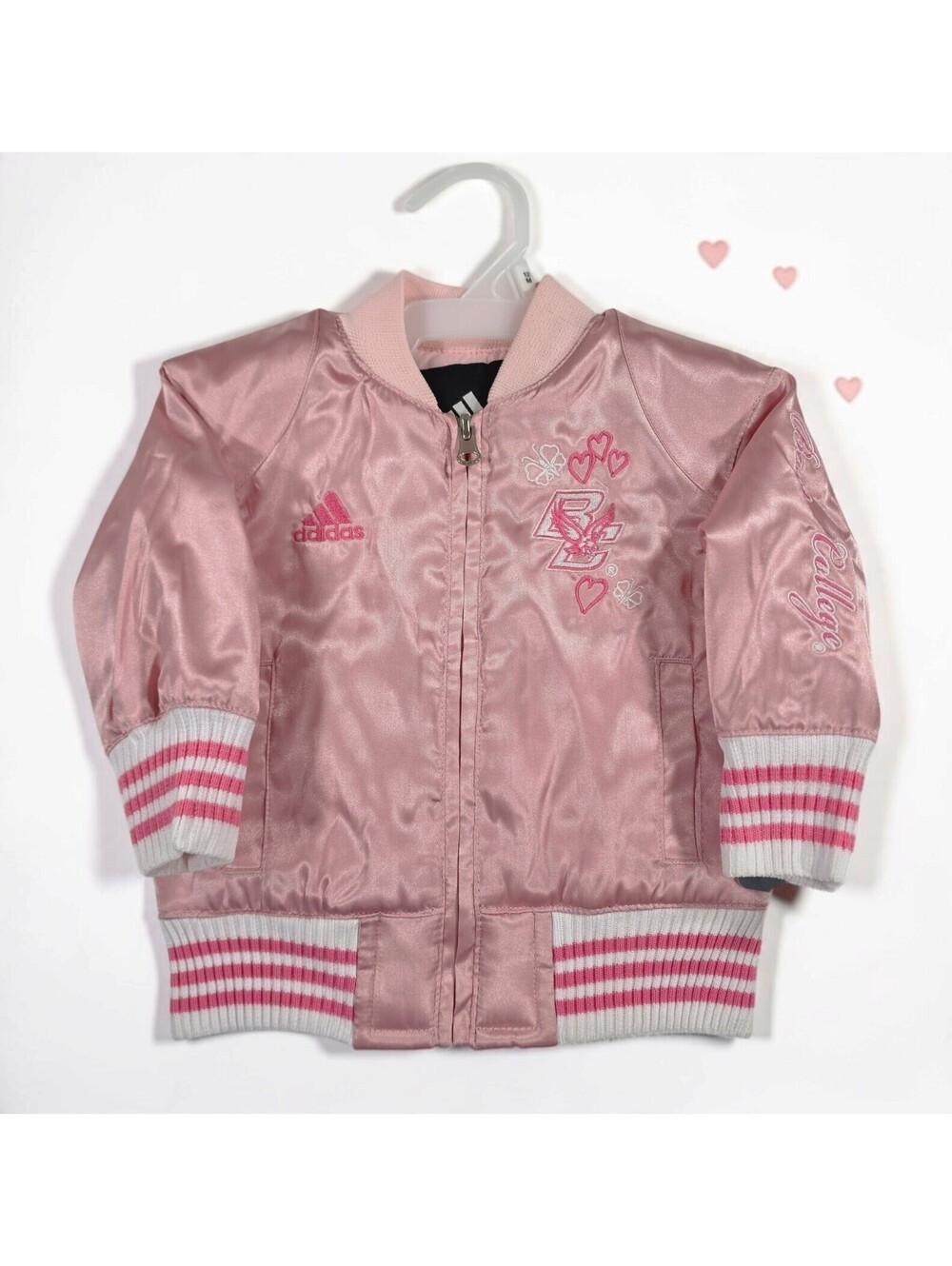 NWT Adidas Boston College Baby Girls Pink Satin Varsity Bomber Jacket Size 12M